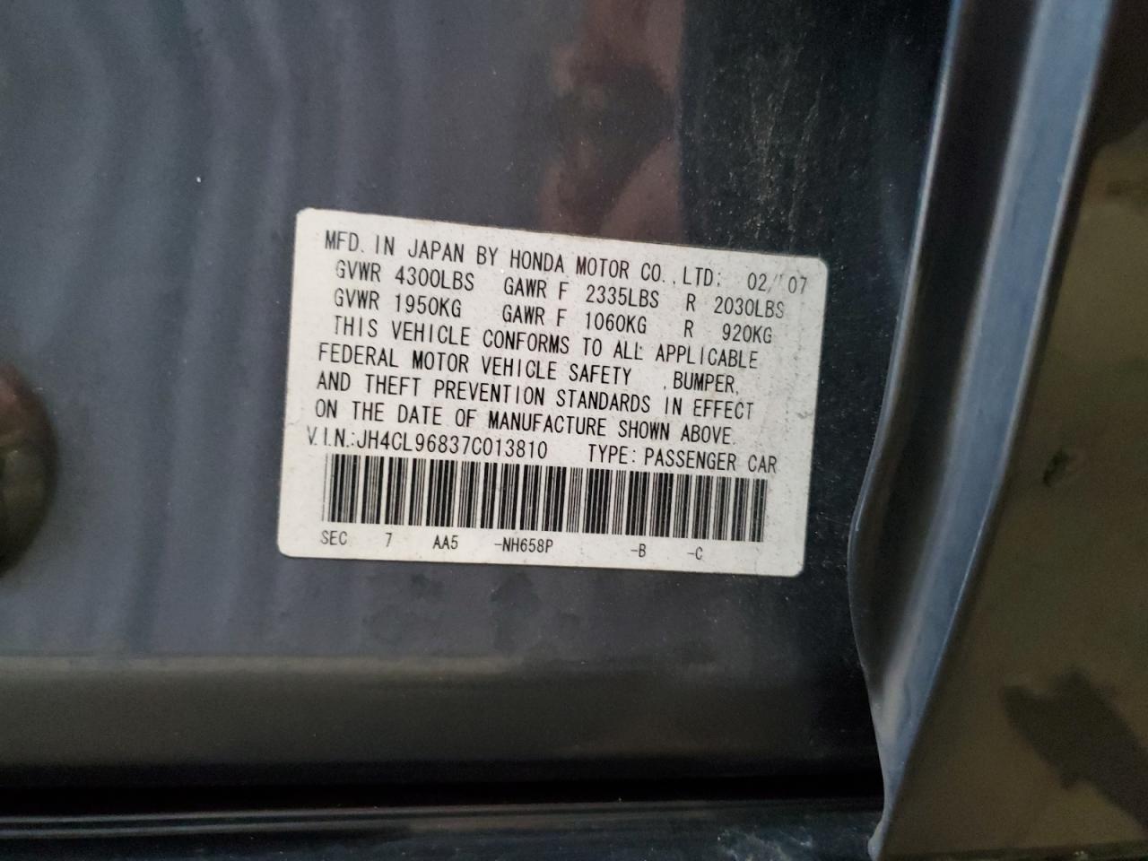 2007 Acura TSX VIN JH4CL96837C013810 Copart auction photo, front end damage thumbnail 12