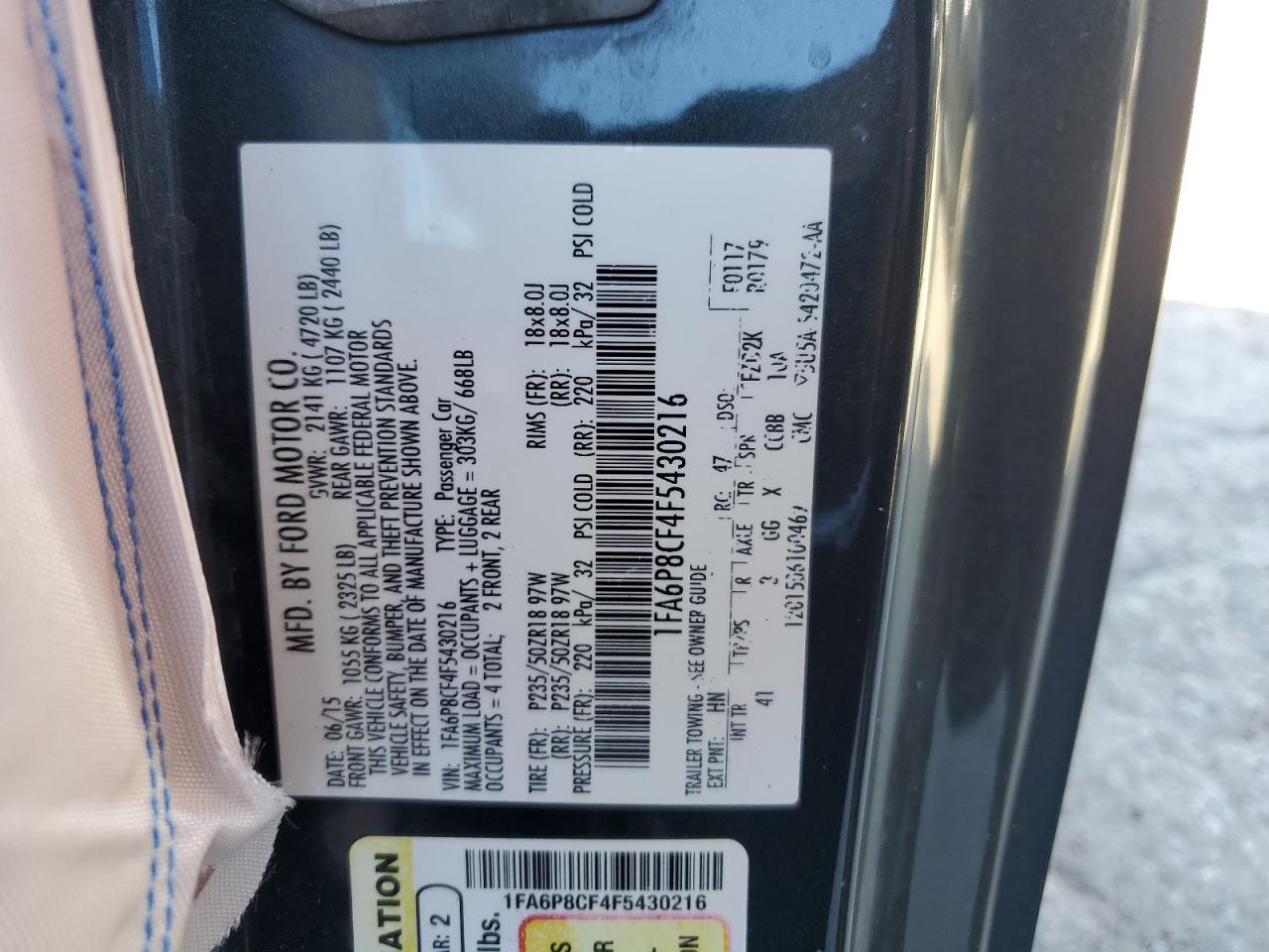 2015 Ford Mustang VIN 1FA6P8CF4F5430216 Copart auction photo, front end / minor dent/scratches damage thumbnail 12