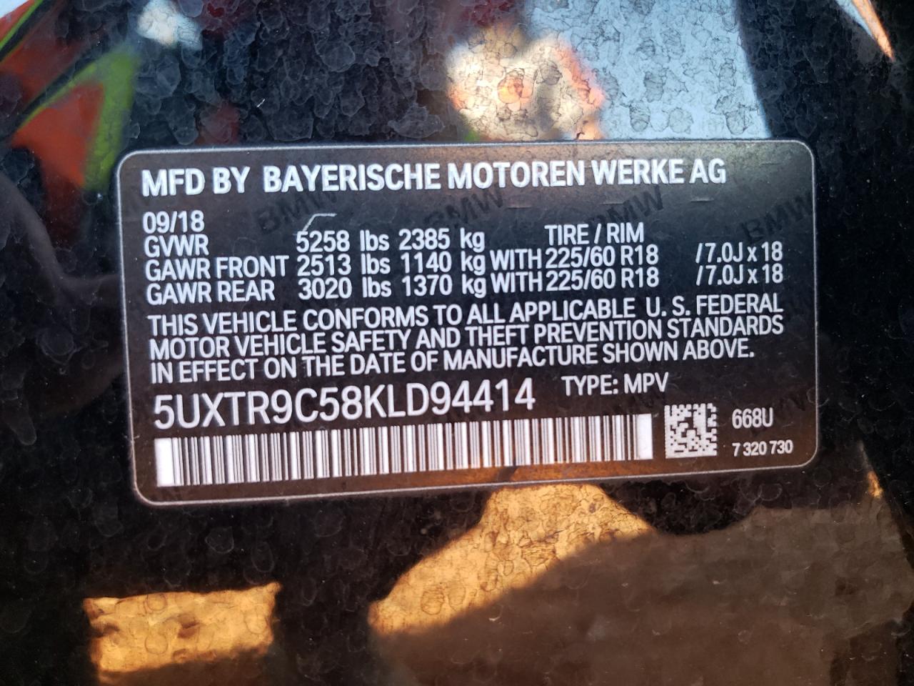 2019 BMW X3 VIN 5UXTR9C58KLD94414 Copart auction photo, rear end damage thumbnail 13
