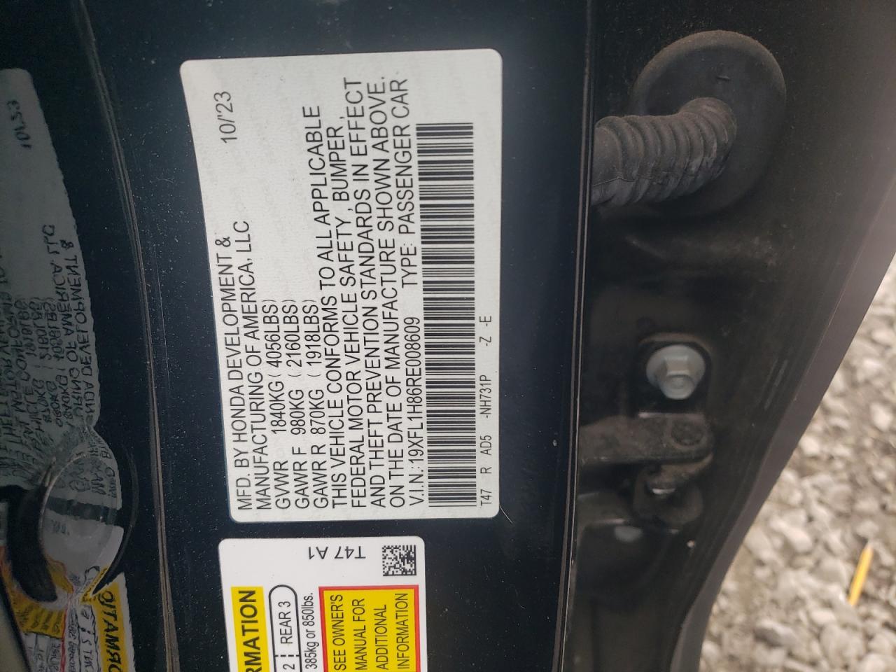 2024 Honda Civic VIN 19XFL1H86RE008609 Copart auction photo, side damage thumbnail 14