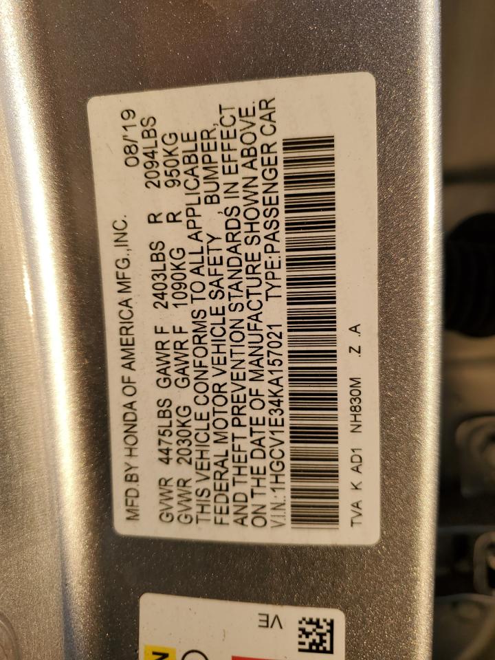 2019 Honda Accord VIN 1HGCV1E34KA157021 Copart auction photo, front end / side damage thumbnail 15