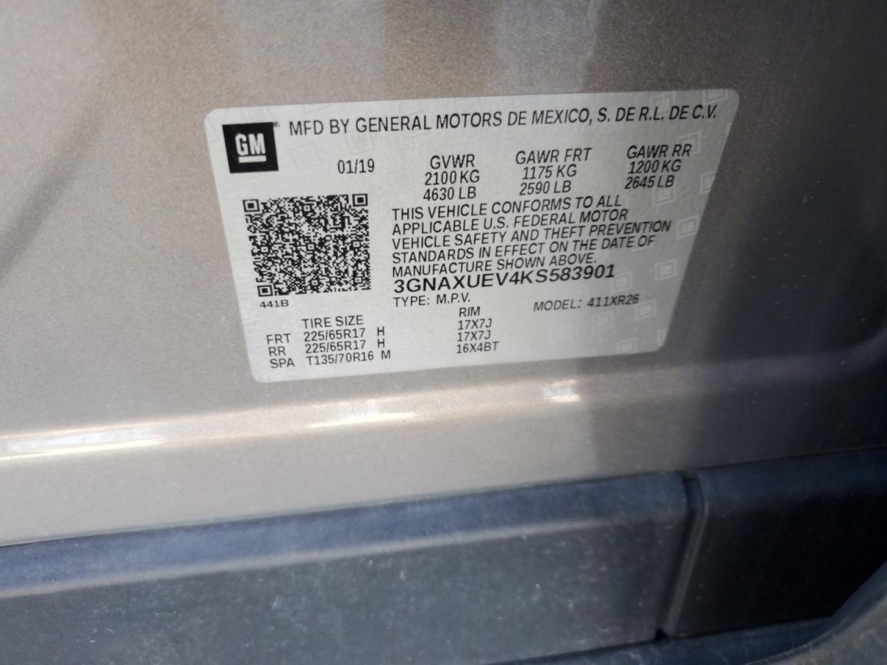2019 Chevrolet Equinox VIN 3GNAXUEV4KS583901 Copart auction photo, front end damage thumbnail 13