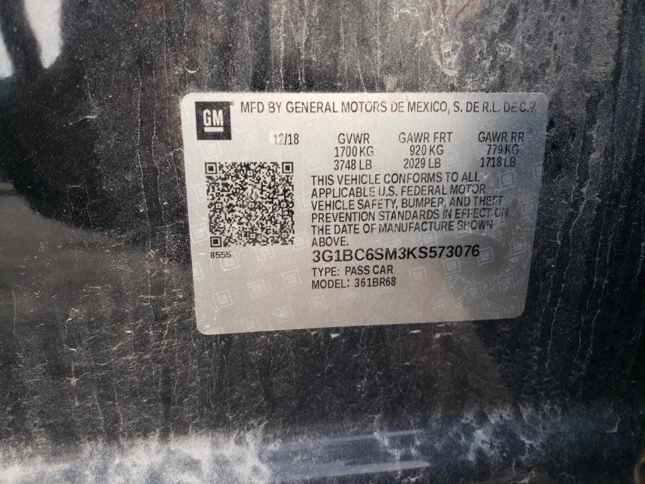 2019 Chevrolet Cruze VIN 3G1BC6SM3KS573076 Copart auction photo, front end / minor dent/scratches damage thumbnail 15