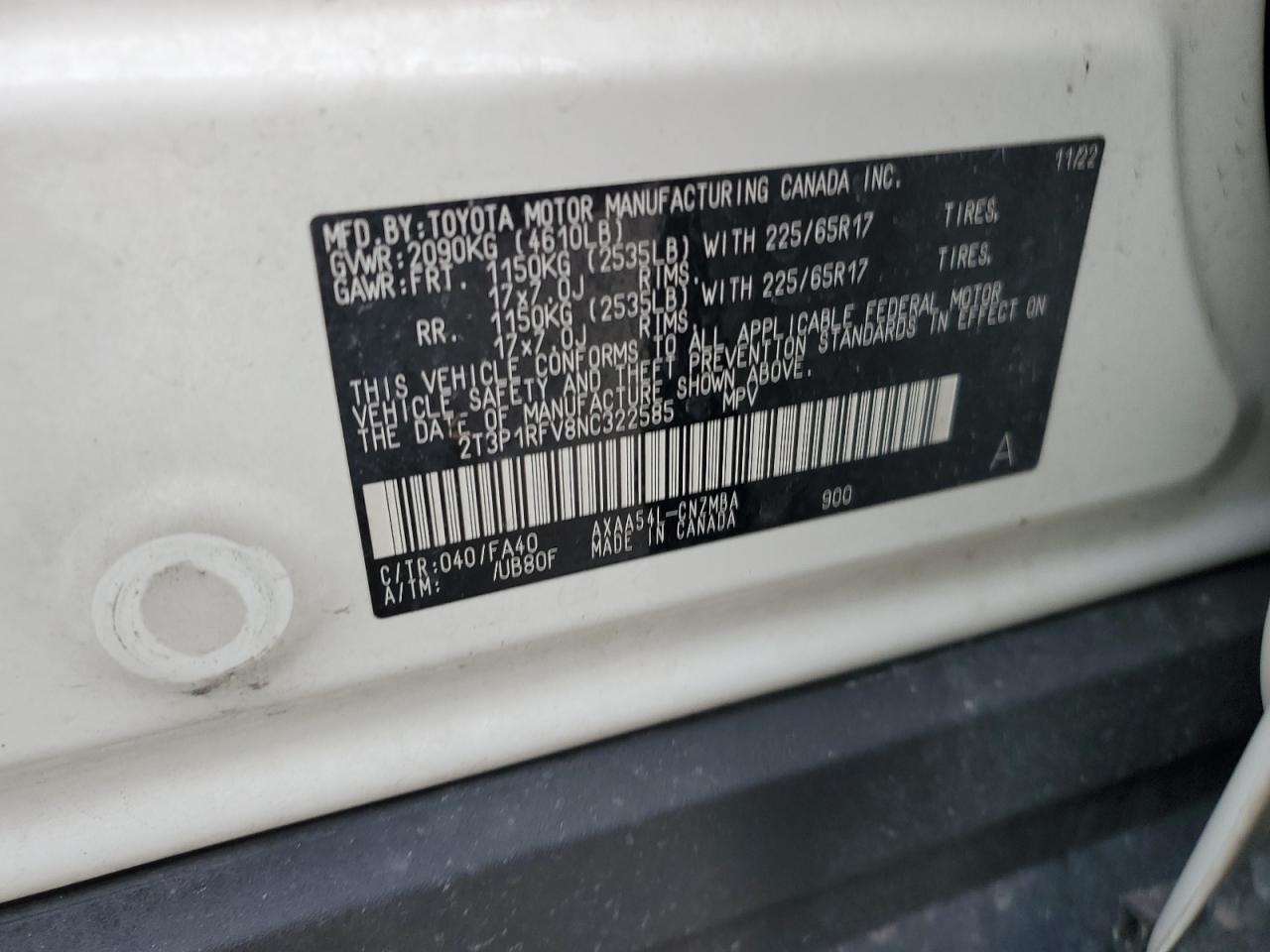 2022 Toyota RAV 4 VIN 2T3P1RFV8NC322585 Copart auction photo, front end damage thumbnail 14