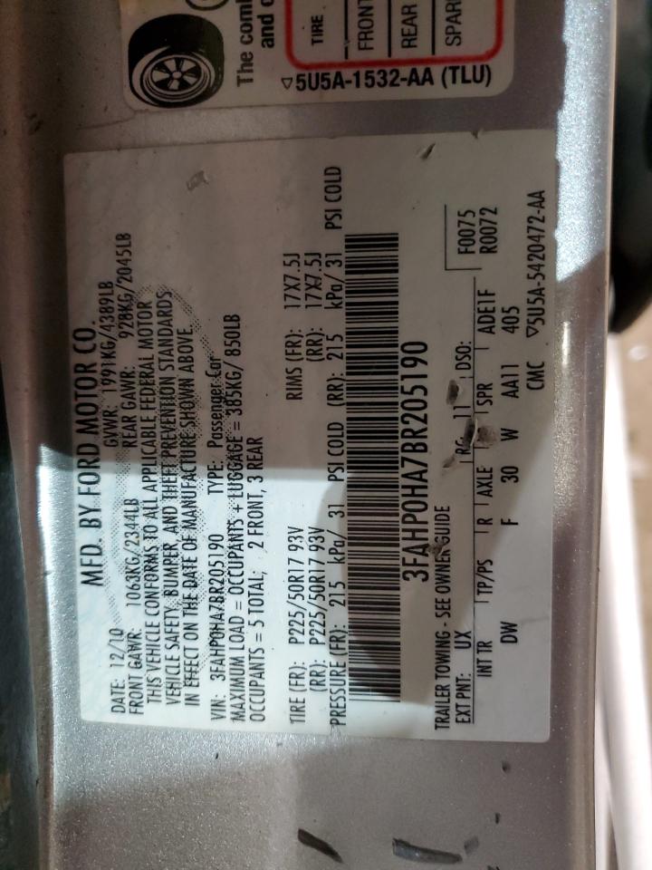 2011 Ford Fusion VIN 3FAHP0HA7BR205190 Copart auction photo, side / minor dent/scratches damage thumbnail 14