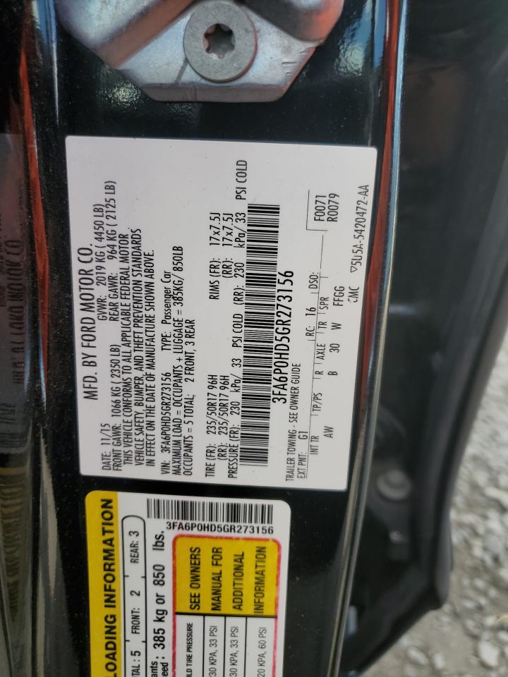 2016 Ford Fusion VIN 3FA6P0HD5GR273156 Copart auction photo, rear end / side damage thumbnail 13