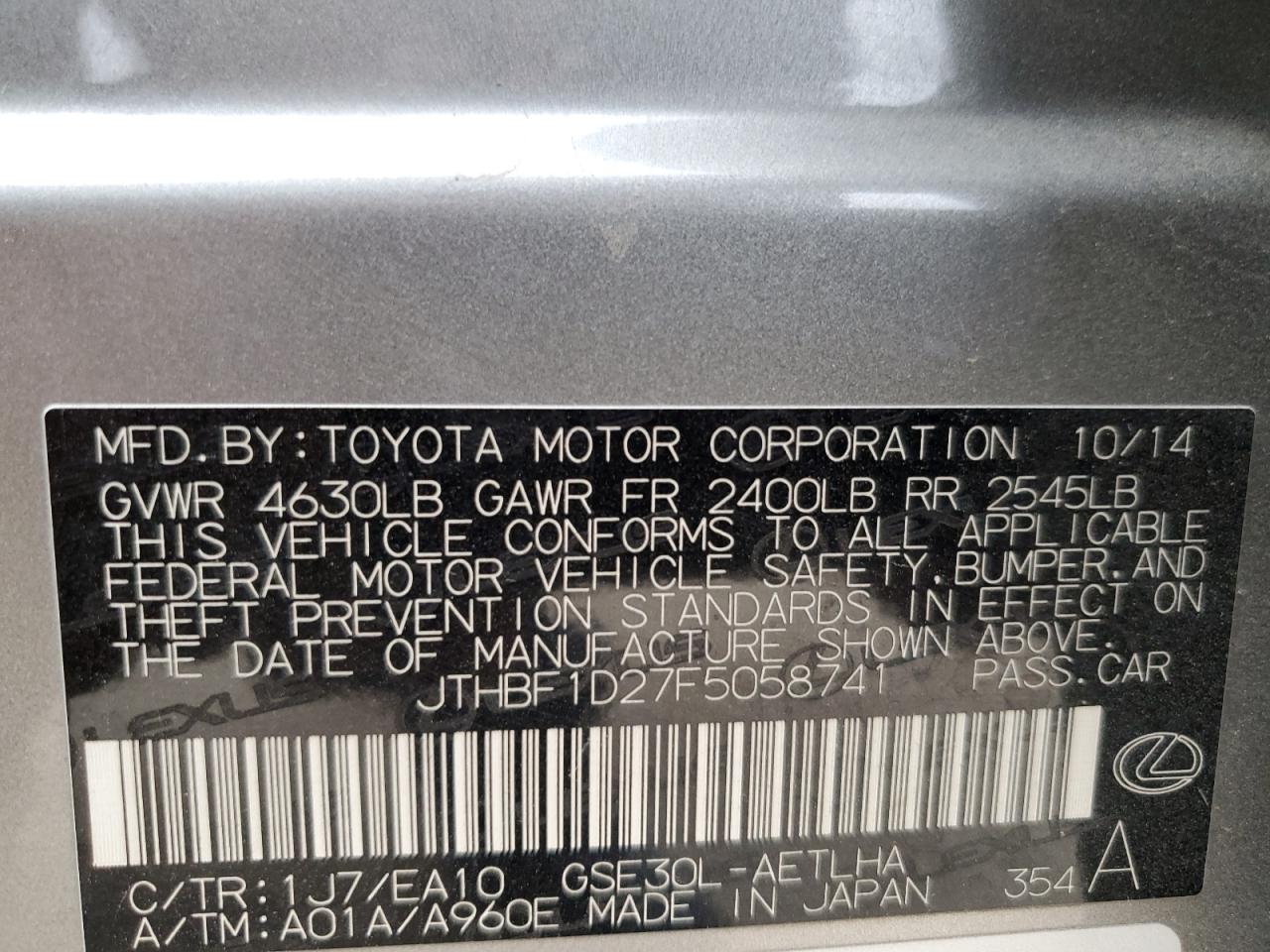 2015 Lexus IS VIN JTHBF1D27F5058741 Copart auction photo, front end damage thumbnail 15