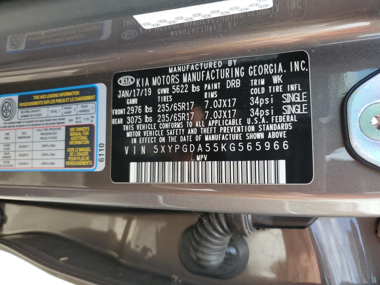 2019 KIA Sorento VIN 5XYPGDA55KG565966 Copart auction photo, water/flood damage thumbnail 14