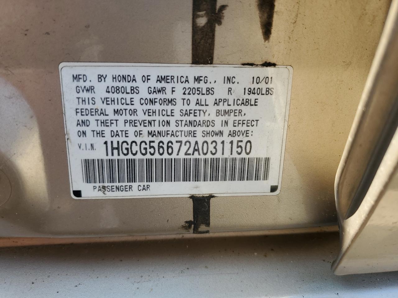 2002 Honda Accord VIN 1HGCG56672A031150 Copart auction photo, front end damage thumbnail 15