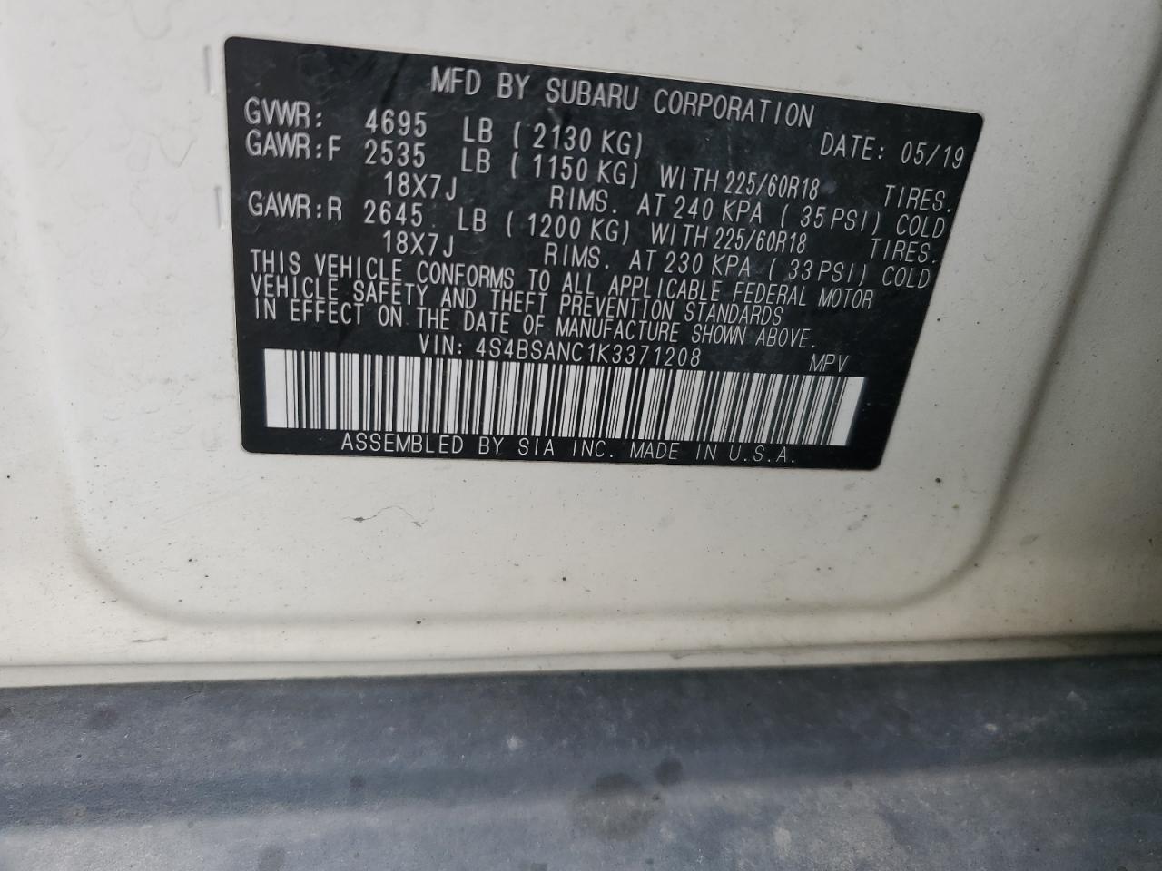 2019 Subaru Outback VIN 4S4BSANC1K3371208 Copart auction photo, front end damage thumbnail 14