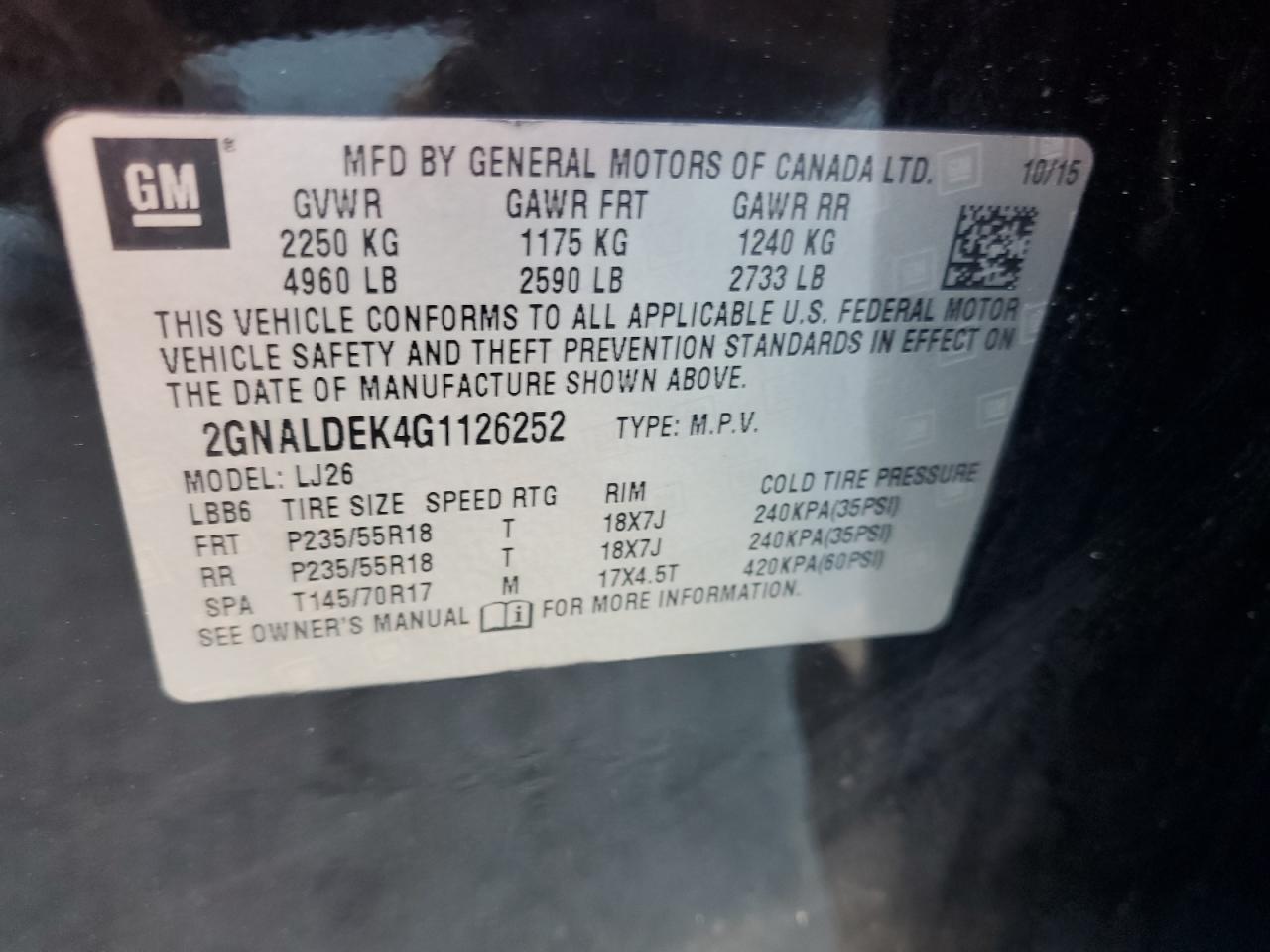 2016 Chevrolet Equinox VIN 2GNALDEK4G1126252 Copart auction photo, front end damage thumbnail 12