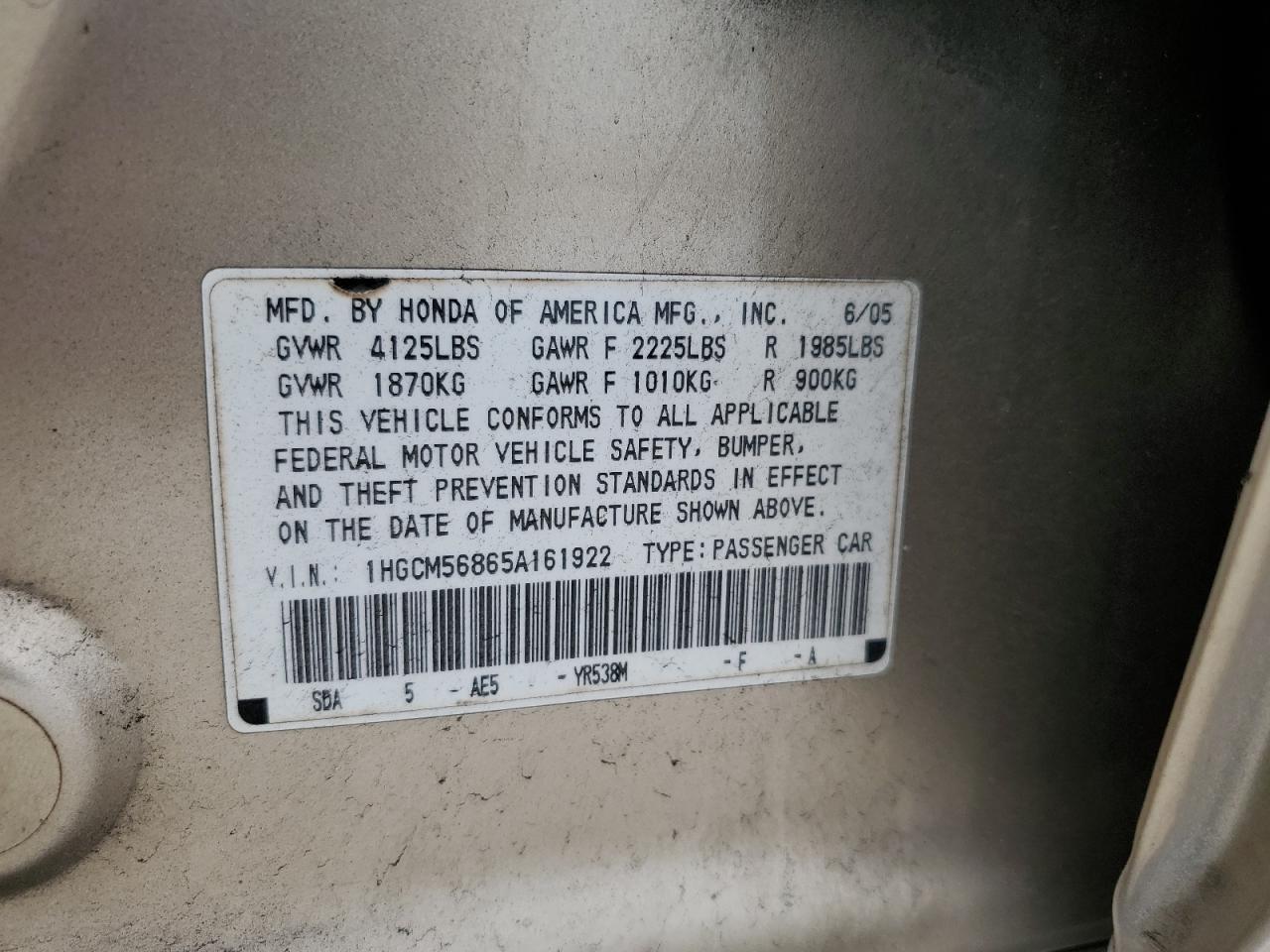 2005 Honda Accord VIN 1HGCM56865A161922 Copart auction photo, rear end / minor dent/scratches damage thumbnail 12