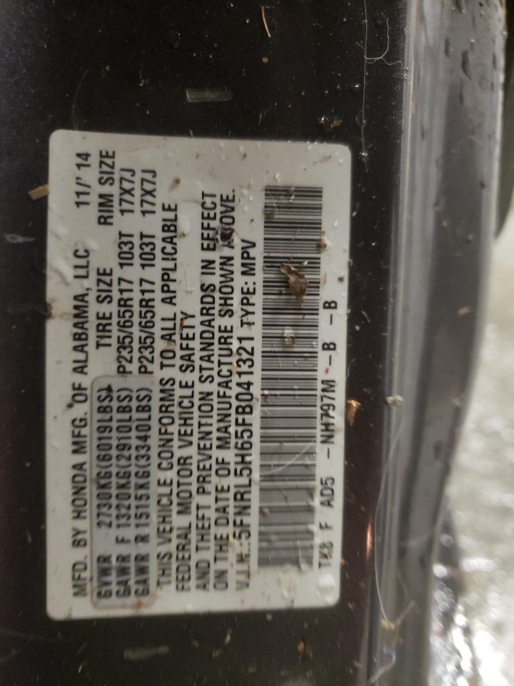 2015 Honda Odyssey VIN 5FNRL5H65FB041321 Copart auction photo, rear end / minor dent/scratches damage thumbnail 13