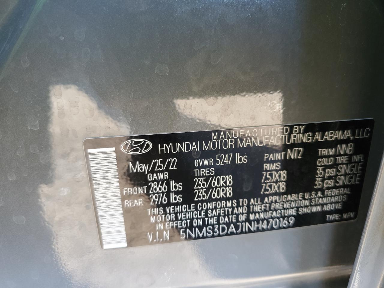 2022 Hyundai Santa Fe VIN 5NMS3DAJ1NH470169 Copart auction photo, rear end damage thumbnail 14