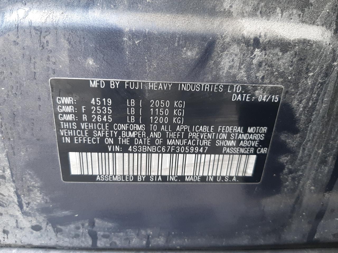 2015 Subaru Legacy VIN 4S3BNBC67F3059947 Copart auction photo, front end damage thumbnail 12