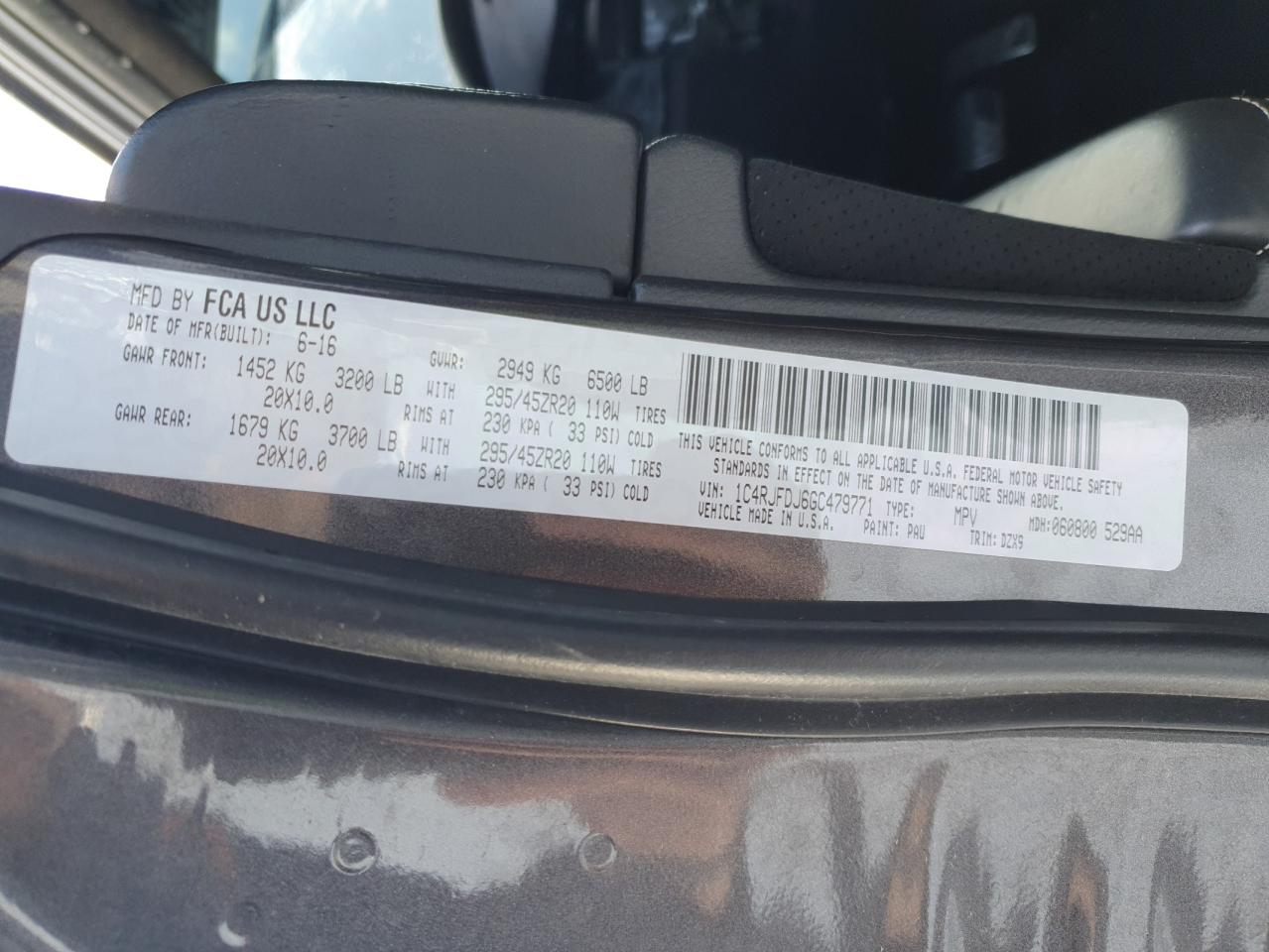 2016 Jeep Grand Cherokee VIN 1C4RJFDJ6GC479771 Copart auction photo, stripped damage thumbnail 13
