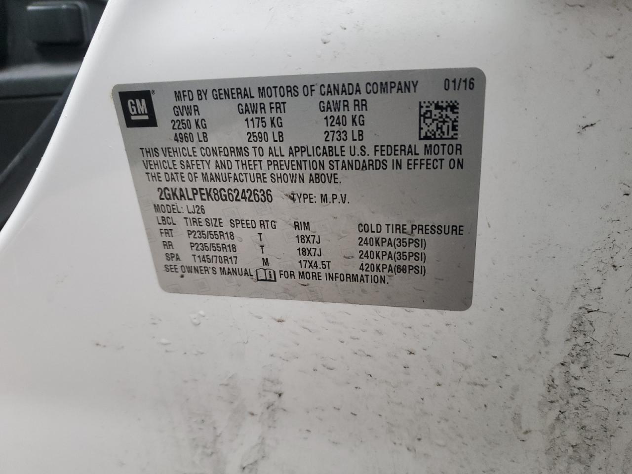 2016 GMC Terrain VIN 2GKALPEK8G6242636 Copart auction photo, front end damage thumbnail 14