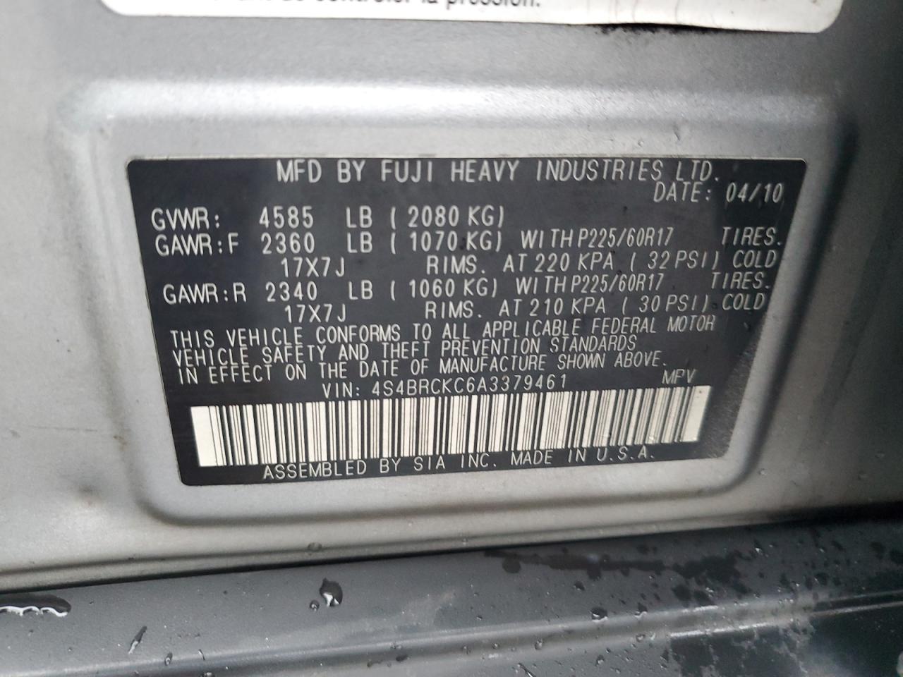2010 Subaru Outback VIN 4S4BRCKC6A3379461 Copart auction photo, rear end damage thumbnail 14