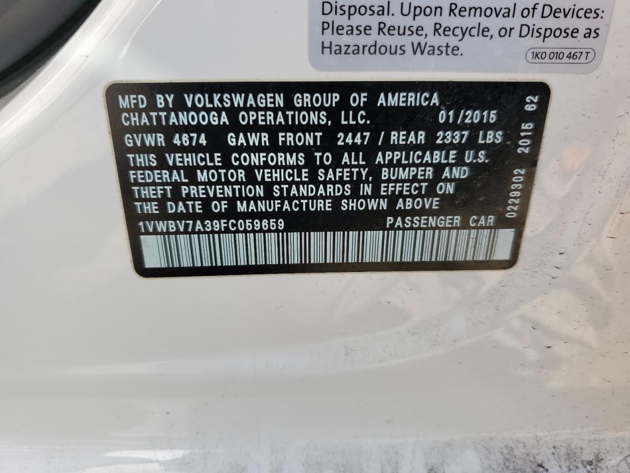 2015 Volkswagen Passat VIN 1VWBV7A39FC059659 Copart auction photo, normal wear damage thumbnail 12