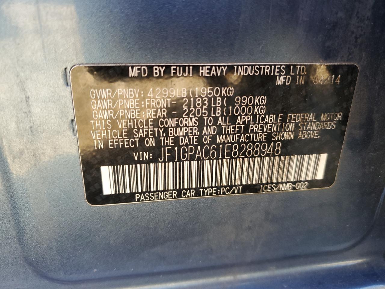2014 Subaru Impreza VIN JF1GPAC61E8288948 Copart auction photo, front end / rear end damage thumbnail 15