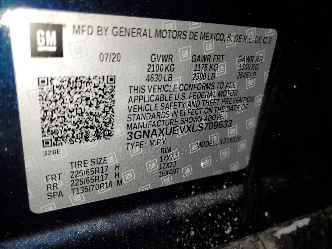 2020 Chevrolet Equinox VIN 3GNAXUEVXLS709633 Copart auction photo, side / rear end damage thumbnail 14