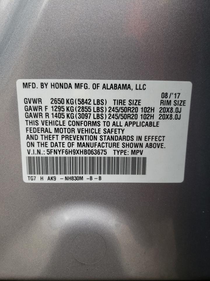 2017 Honda Pilot VIN 5FNYF6H9XHB063675 Copart auction photo, front end / side damage thumbnail 14