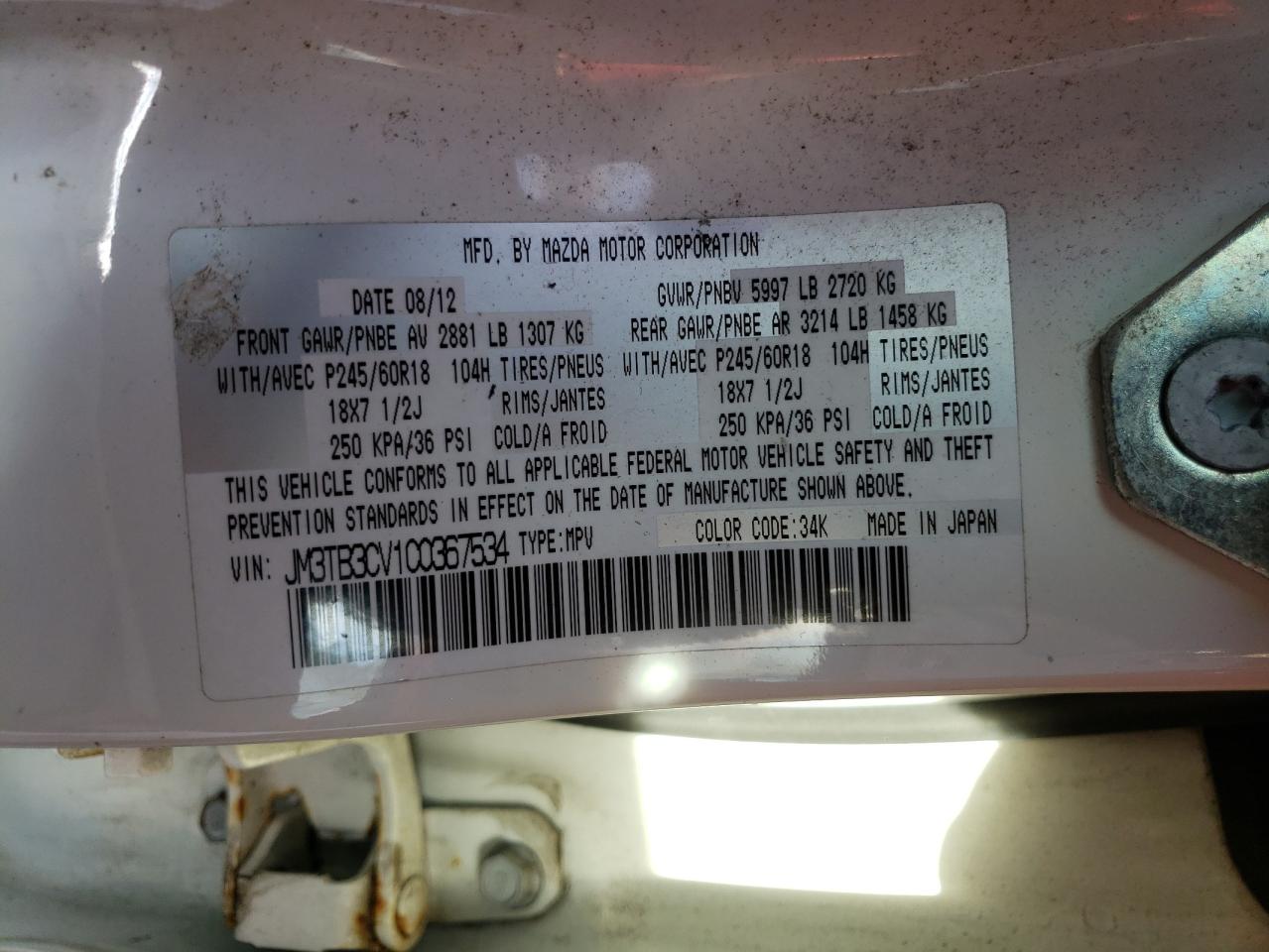 2012 Mazda CX-9 VIN JM3TB3CV1C0367534 Copart auction photo, front end / side damage thumbnail 14