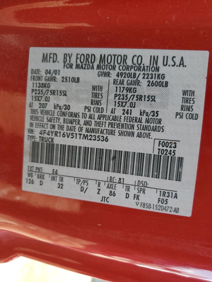 2001 Mazda B-series VIN 4F4YR16V51TM23536 Copart auction photo, front end damage thumbnail 12