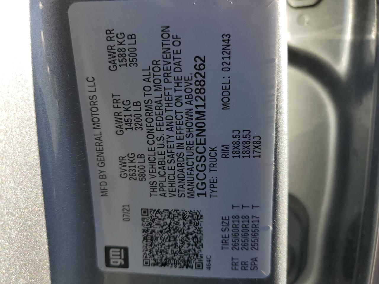 2021 Chevrolet Colorado VIN 1GCGSCEN0M1288262 Copart auction photo, rear end damage thumbnail 12