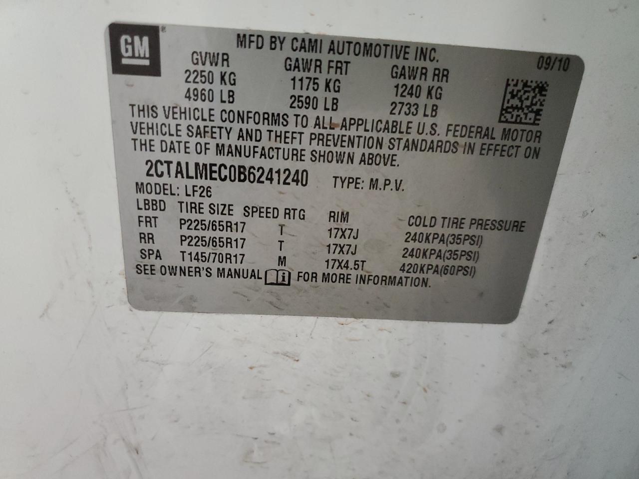 2011 GMC Terrain VIN 2CTALMEC0B6241240 Copart auction photo, front end / hail damage thumbnail 16