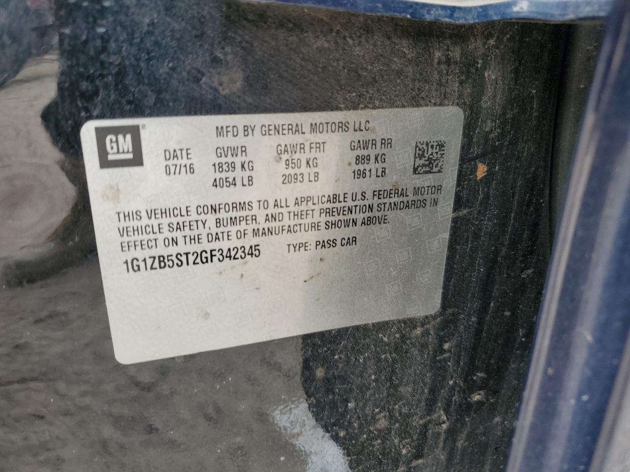 2016 Chevrolet Malibu VIN 1G1ZB5ST2GF342345 Copart auction photo, front end damage thumbnail 12