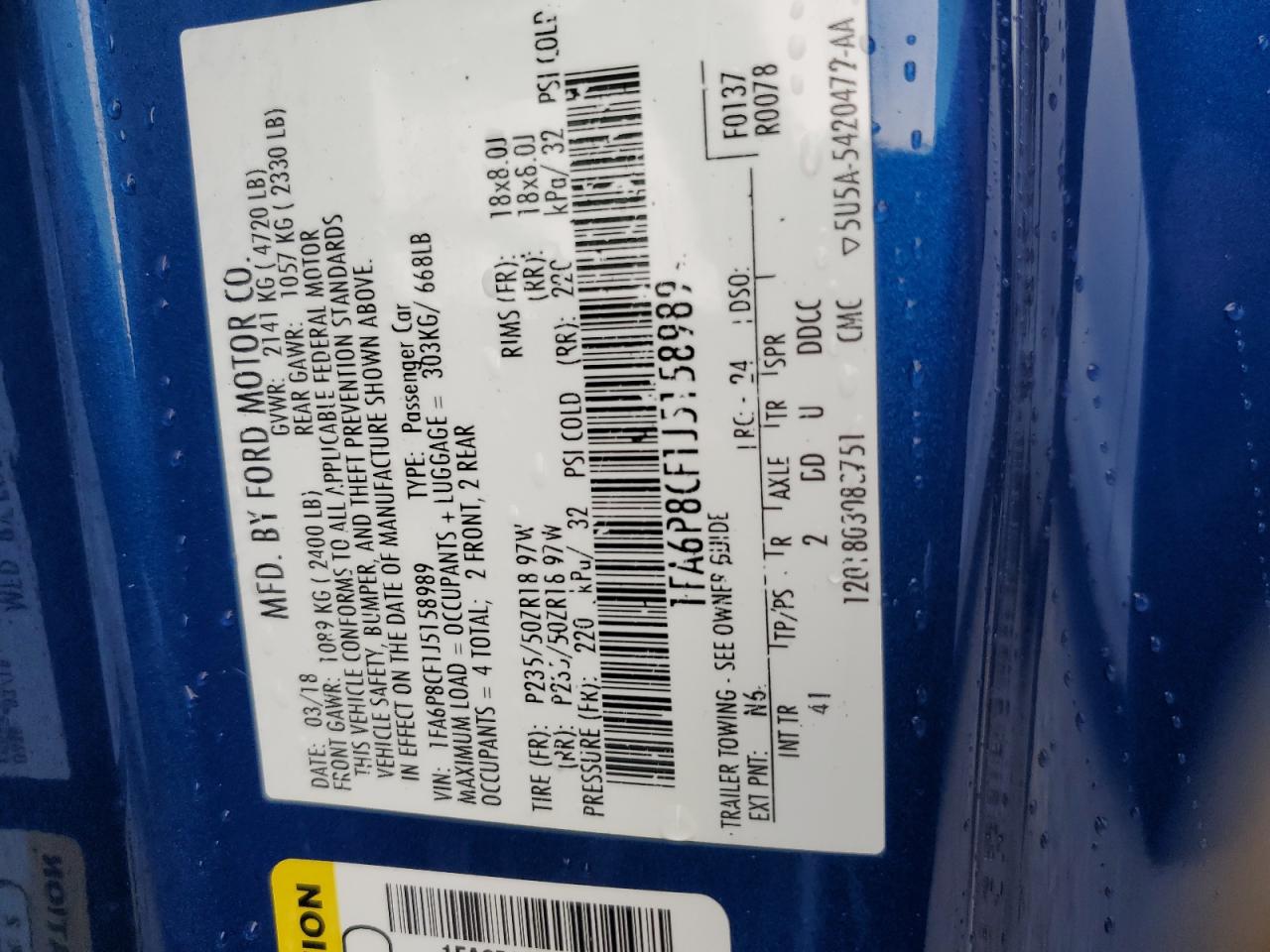 2018 Ford Mustang VIN 1FA6P8CF1J5158989 Copart auction photo, water/flood damage thumbnail 13