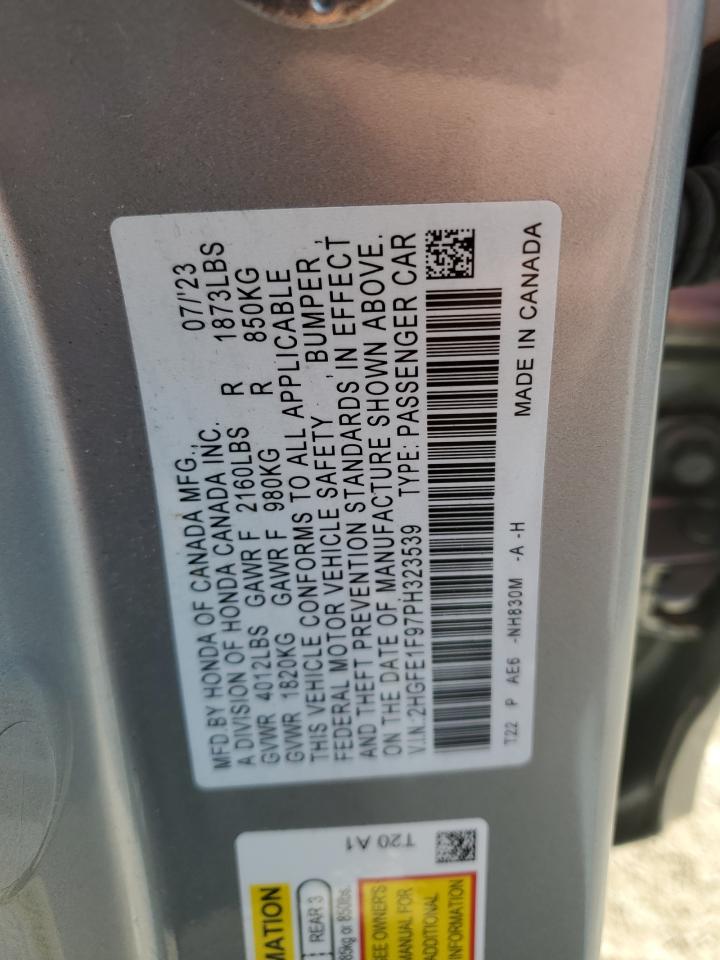 2023 Honda Civic VIN 2HGFE1F97PH323539 Copart auction photo, rear end damage thumbnail 12