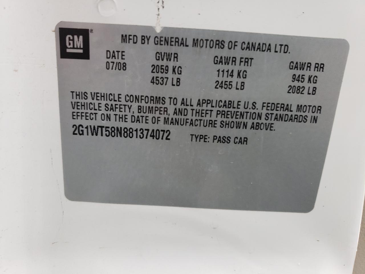 2008 Chevrolet Impala VIN 2G1WT58N881374072 Copart auction photo, all over damage thumbnail 14