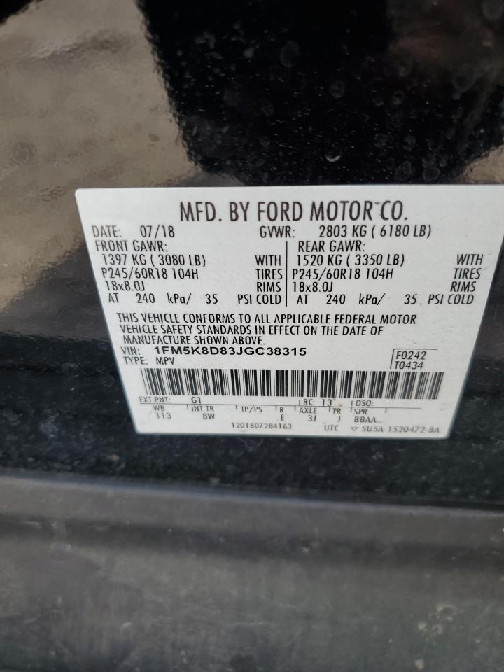 2018 Ford Explorer VIN 1FM5K8D83JGC38315 Copart auction photo, front end / side damage thumbnail 13