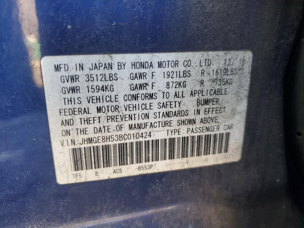 2011 Honda Fit VIN JHMGE8H53BC010424 Copart auction photo, front end damage thumbnail 12