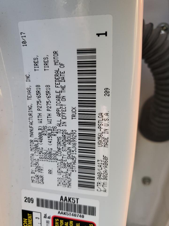 2018 Toyota Tundra VIN 5TFHW5F15JX699293 Copart auction photo, water/flood damage thumbnail 12