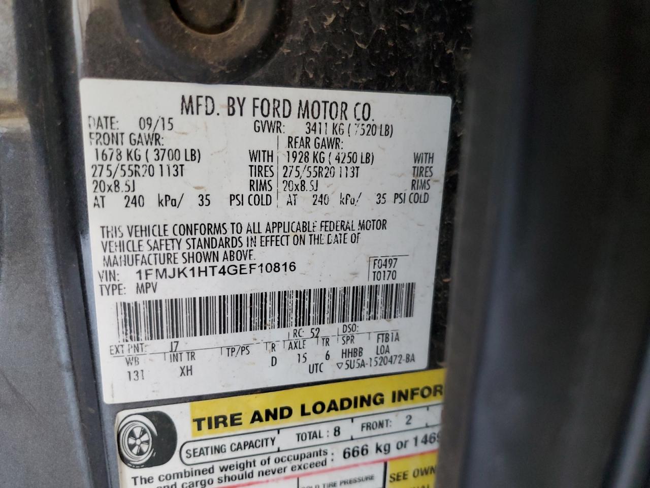 2016 Ford Expedition VIN 1FMJK1HT4GEF10816 Copart auction photo, hail / minor dent/scratches damage thumbnail 13