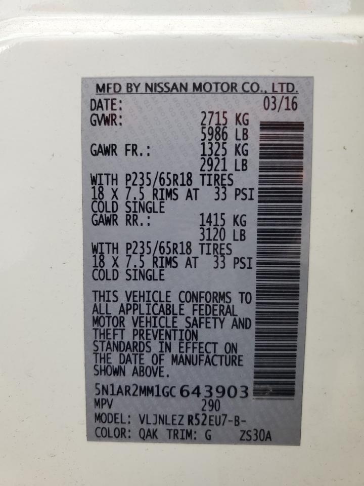 2016 Nissan Pathfinder VIN 5N1AR2MM1GC643903 Copart auction photo, front end / minor dent/scratches damage thumbnail 16