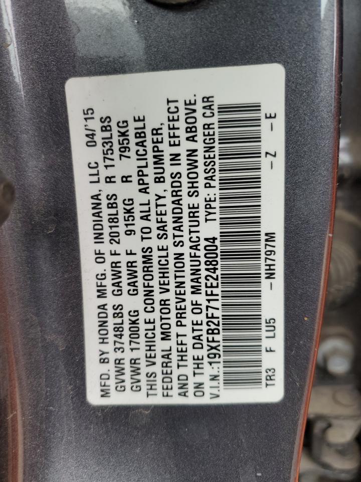 2015 Honda Civic VIN 19XFB2F71FE248004 Copart auction photo, front end / side damage thumbnail 12