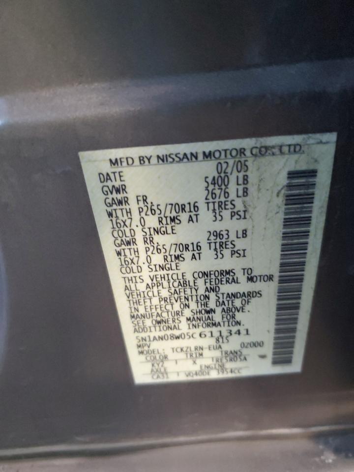 2005 Nissan XTerra VIN 5N1AN08W05C611341 Copart auction photo, front end / side damage thumbnail 15