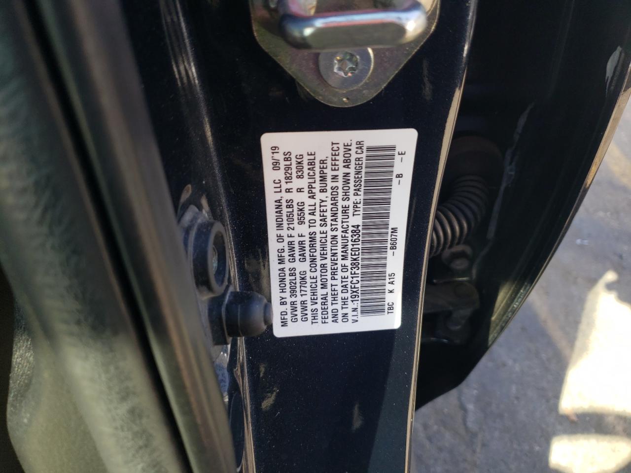 2019 Honda Civic VIN 19XFC1F38KE016384 Copart auction photo, rear end damage thumbnail 12