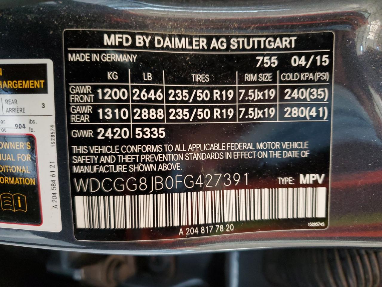 2015 Mercedes-Benz GLK-klasse VIN WDCGG8JB0FG427391 Copart auction photo, all over damage thumbnail 12