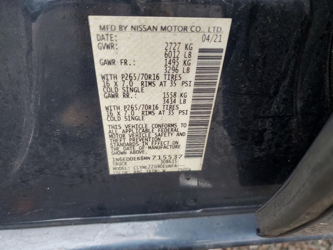 2021 Nissan Navara (Frontier) VIN 1N6ED0EB8MN715537 Copart auction photo, front end damage thumbnail 12