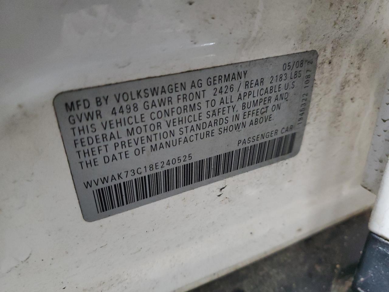 2008 Volkswagen Passat VIN WVWAK73C18E240525 Copart auction photo, front end damage thumbnail 15