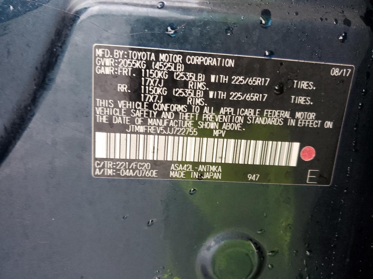 2018 Toyota RAV 4 VIN JTMWFREV5JJ722755 Copart auction photo, side damage thumbnail 14