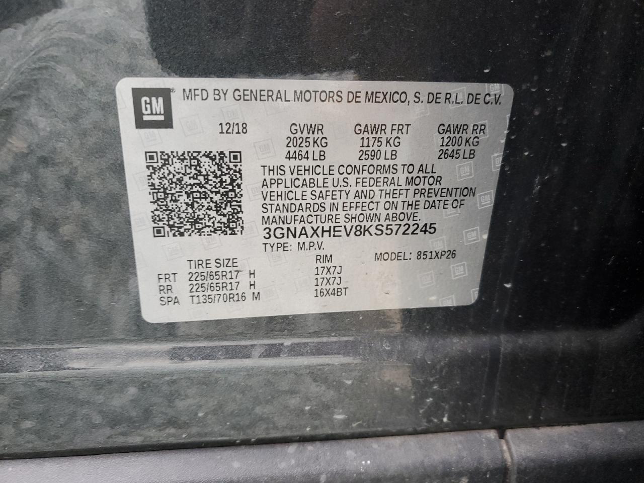 2019 Chevrolet Equinox VIN 3GNAXHEV8KS572245 Copart auction photo, all over damage thumbnail 15