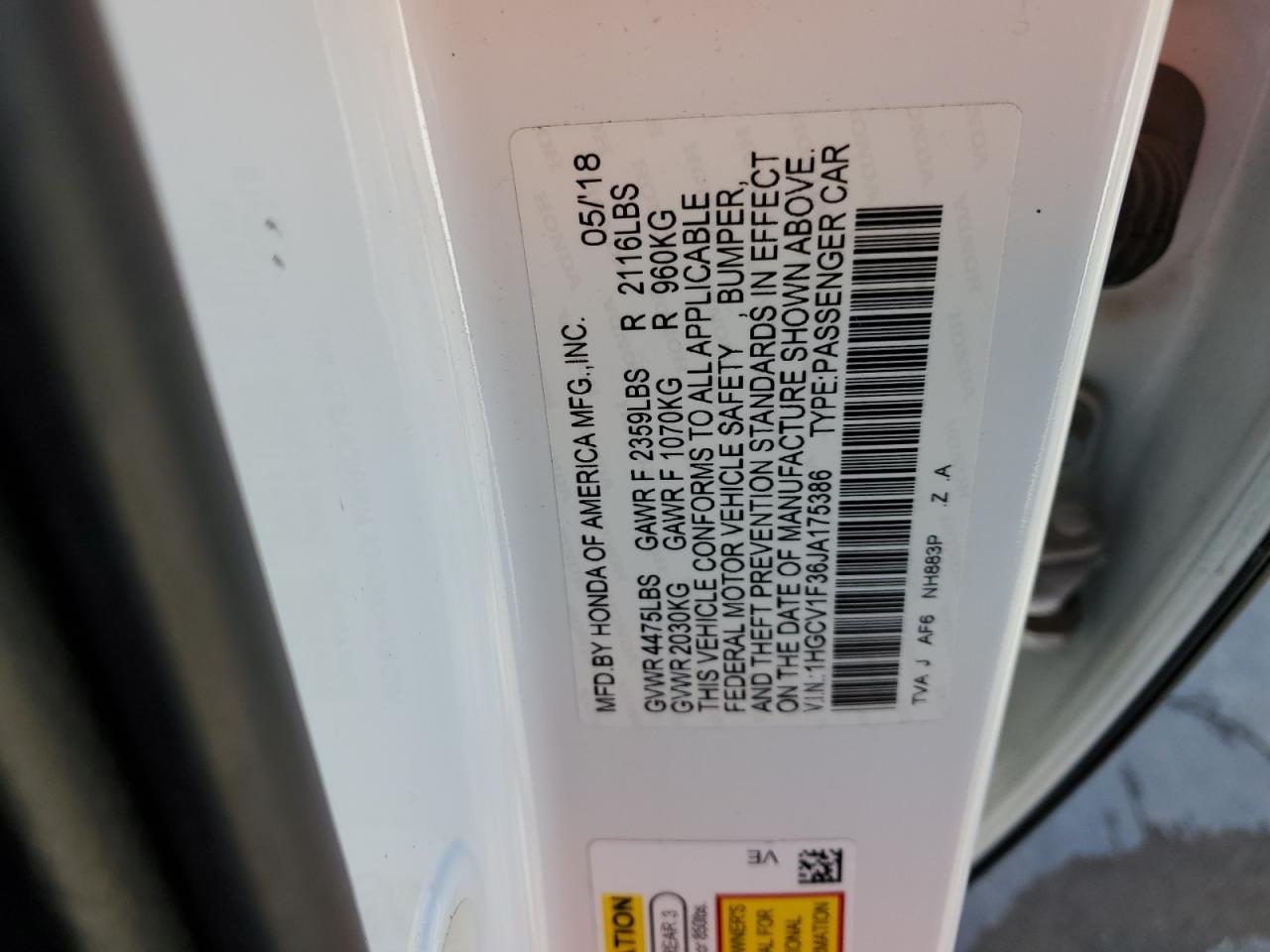 2018 Honda Accord VIN 1HGCV1F36JA175386 Copart auction photo, front end damage thumbnail 13