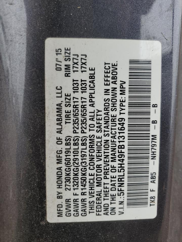 2015 Honda Odyssey VIN 5FNRL5H49FB131649 Copart auction photo, front end damage thumbnail 15