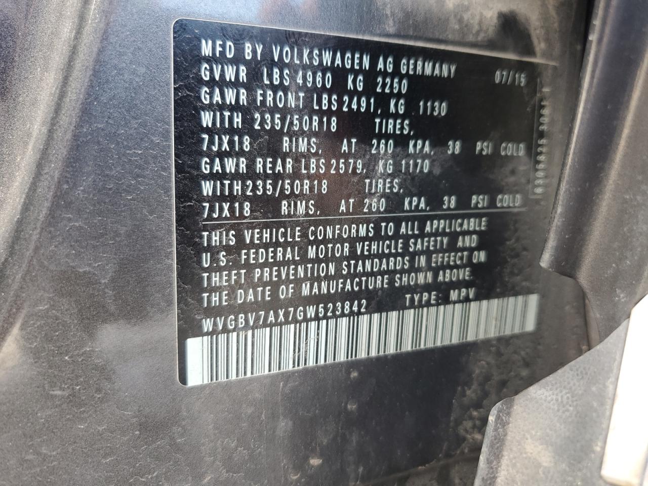 2016 Volkswagen Tiguan VIN WVGBV7AX7GW523842 Copart auction photo, front end / side damage thumbnail 14